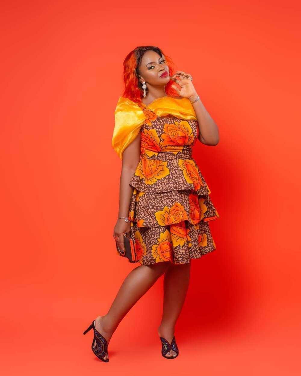 Red Scuba Dress With Exergerrated Ankara Sleeve and Patches