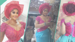 Lady snatches her waist in corset dress, shows massive curves, netizens react: "How u dey breathe?"