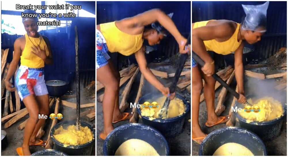 Photos of a Nigerian lady turning garri inside a local kitchen.