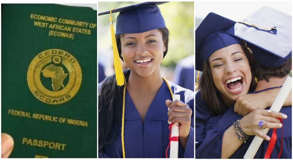 Photo of Nigerian international passport and black students in graduation gown.