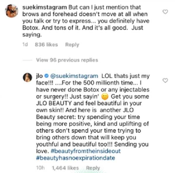 Jennifer Lopez answers fan who accused her of having ‘tons of Botox’