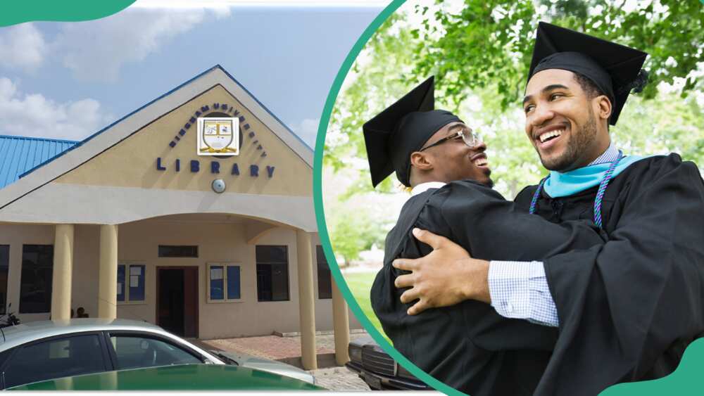 Bingham University library (L). College male graduates hugging and smiling (R)