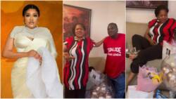 Toyin Abraham stunned as Isbea U storms her set with birthday gifts, praise singer and drummers in sweet video
