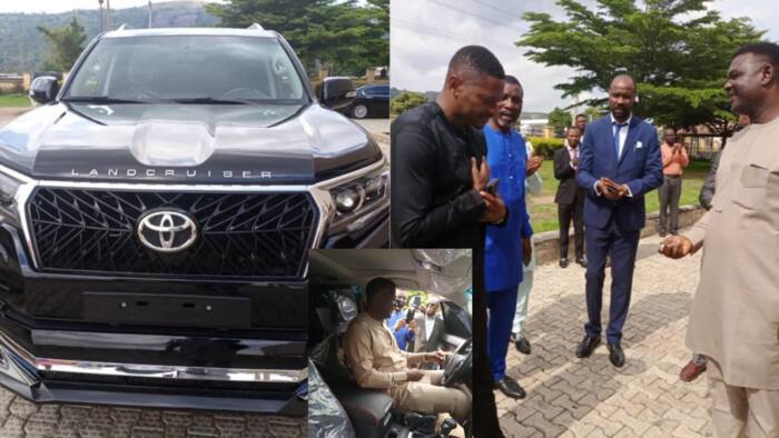 Photo shows moment Winners Chapel pastor received N55m Land Cruiser Prado as gift from church member