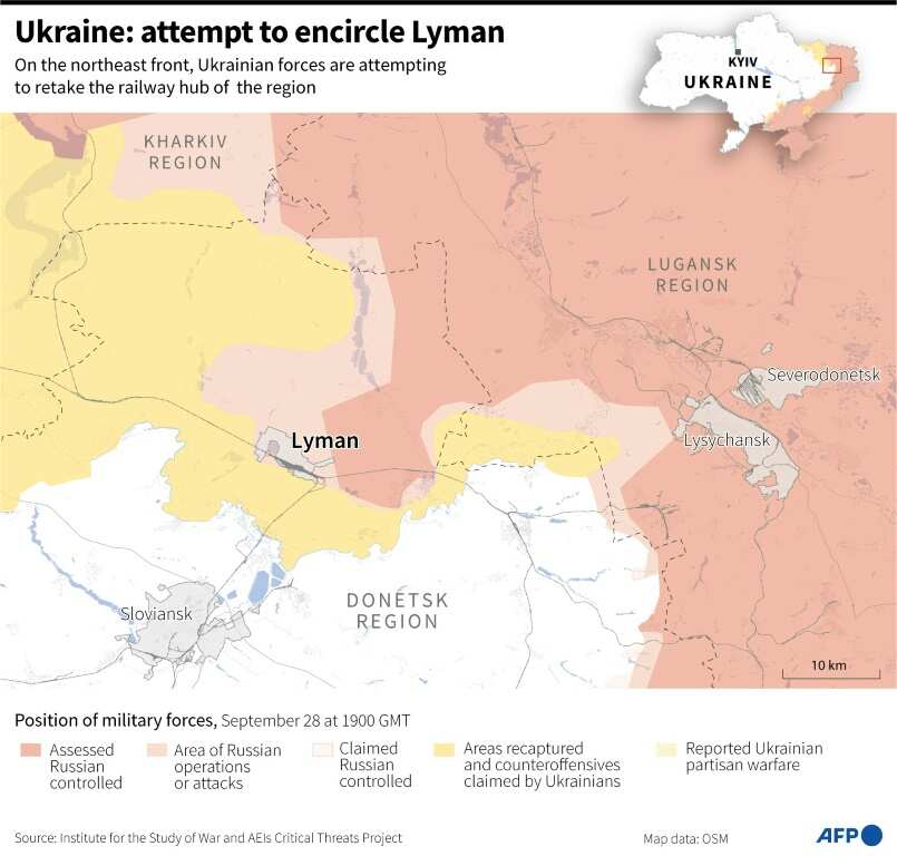 Map showing the city of Lyman in the northeast of Ukraine and the position of Russian and Ukrainian forces