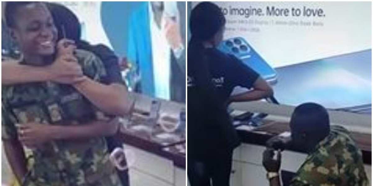 Sweet moment Nigerian soldier proposes marriage to girlfriend at her workplace, melts hearts on social media