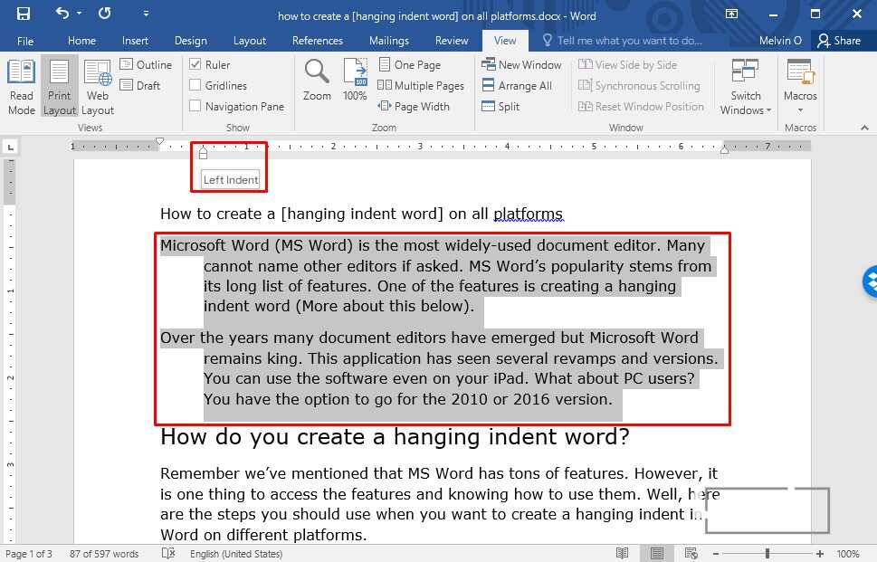 get out of a hanging indent in word for mac