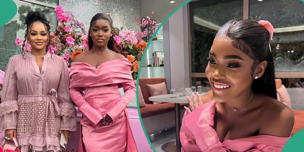 Nigerians comment as Mercy and her daughter twin in pink