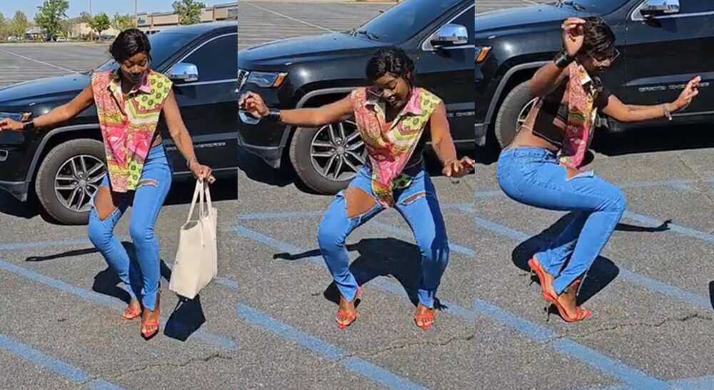 Photos of a lady posing for a dance at a parking lot.