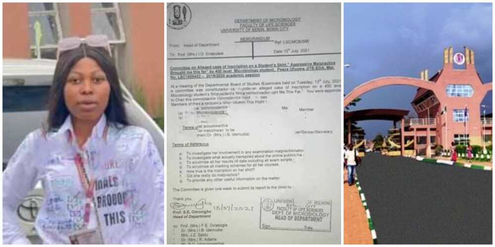Nigerians react as UNIBEN begins investigating all the results of lady who rocked 'aggressive malpractice' shirt during signing out