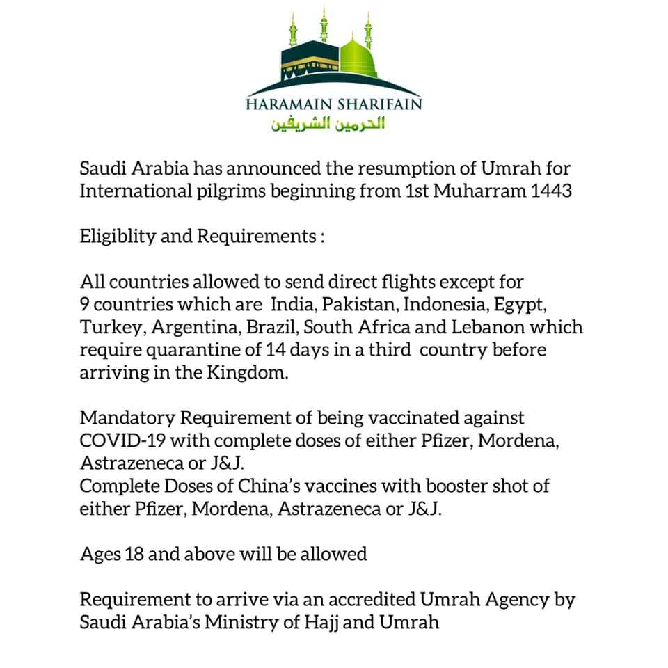 Da Duminsa: Saudiyya ta sanar da ranar da za a fara Umrah na kasashen duniya Da Duminsa: Saudiyya ta sanar da ranar da za a fara Umrah na kasashen duniya
