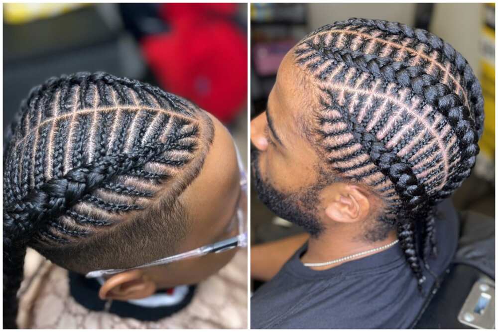Guys showcasing intricate fishbone braided hair patterns
