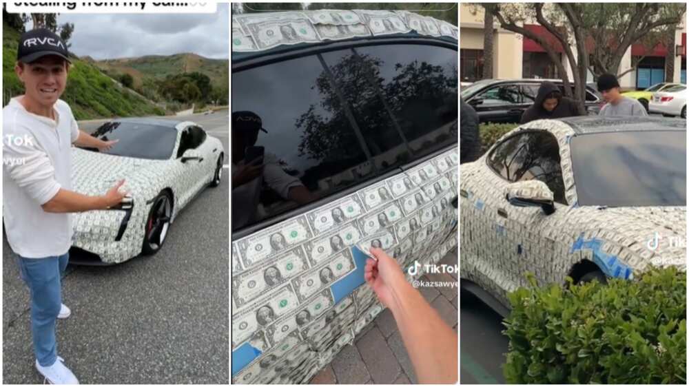 Car covered in dollars/People picked money.