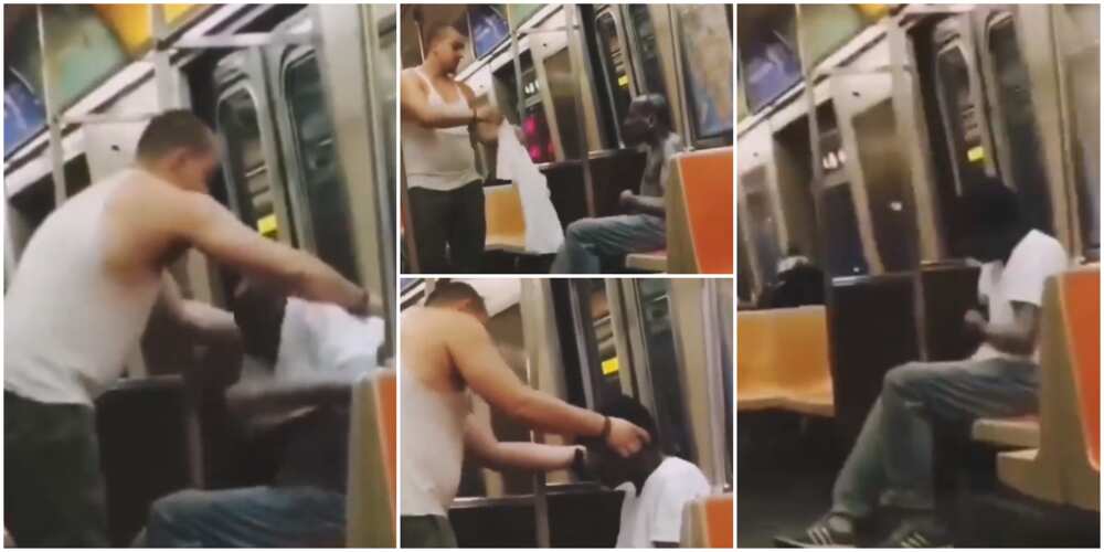 Reactions as man takes off his shirt and cap, wears it on cold stranger without cloth on train in touching video