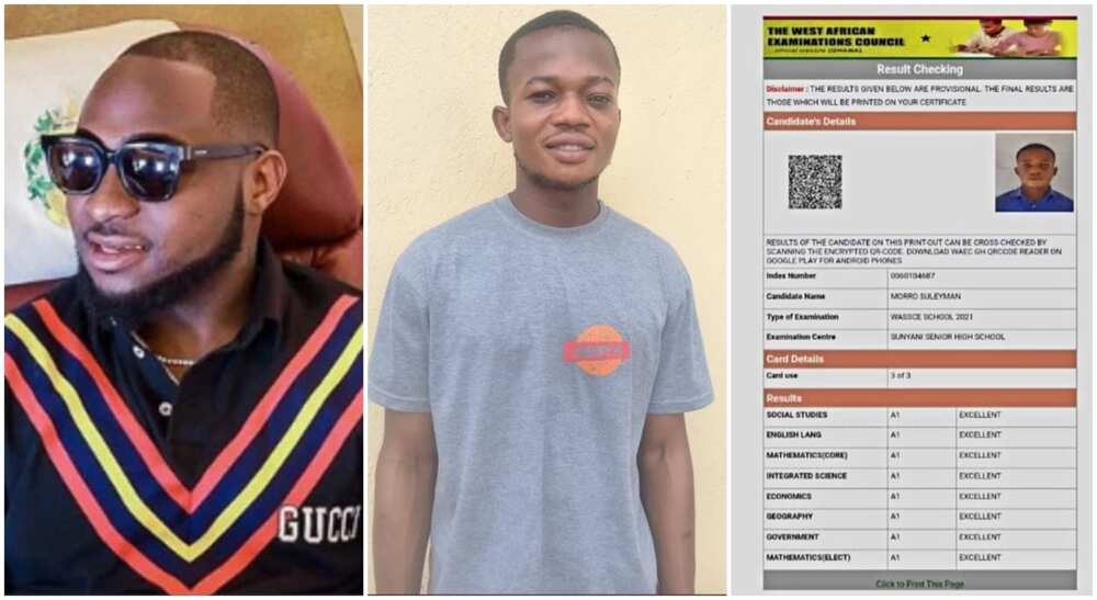 Davido and Morro Sulleyman who scored A1 parallel in his WAEC examination. Davido and Morro Sulleyman who scored A1 parallel in his WAEC examination.