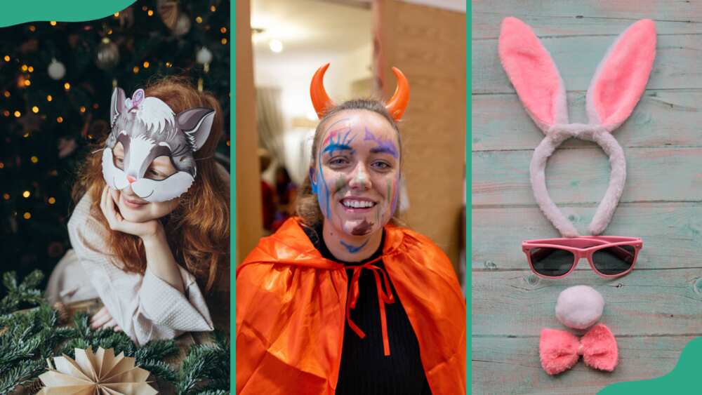 Costume party ideas; Girl in a cat-mask, female adult dressed as a devil with her face decorated, and rabbit-inspired costume