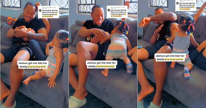 Watch hilarious moment a little girl tackled her father for kissing her mother