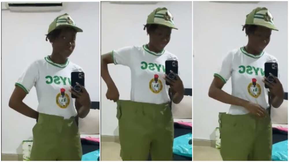 Anybody wants to serve with me? Nigerian lady shows oversized NYSC trousers she got, stirs funny reactions