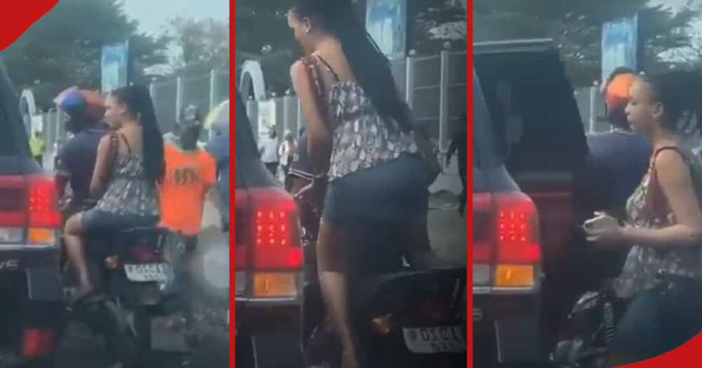 Woman alighting a motorbike to get into a car.