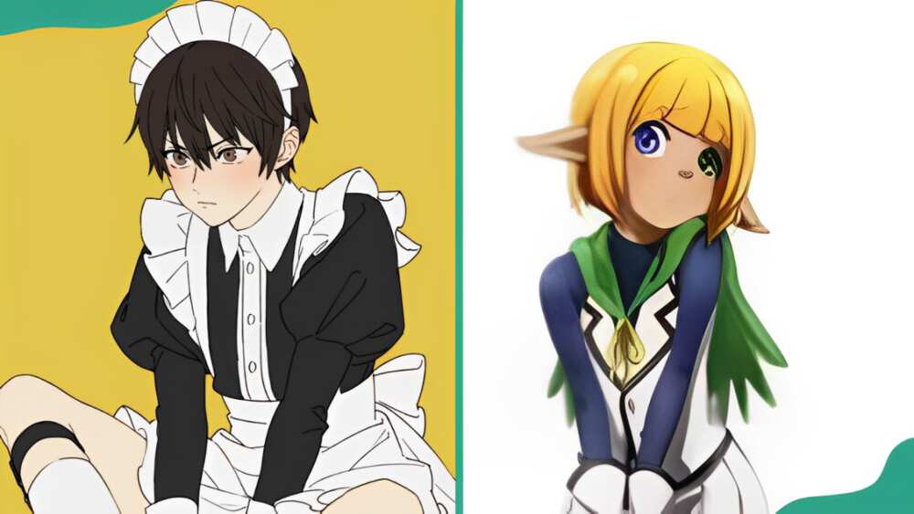 Jun Watarase wearing a maid outfit (L). The character in blue and white attire (R)