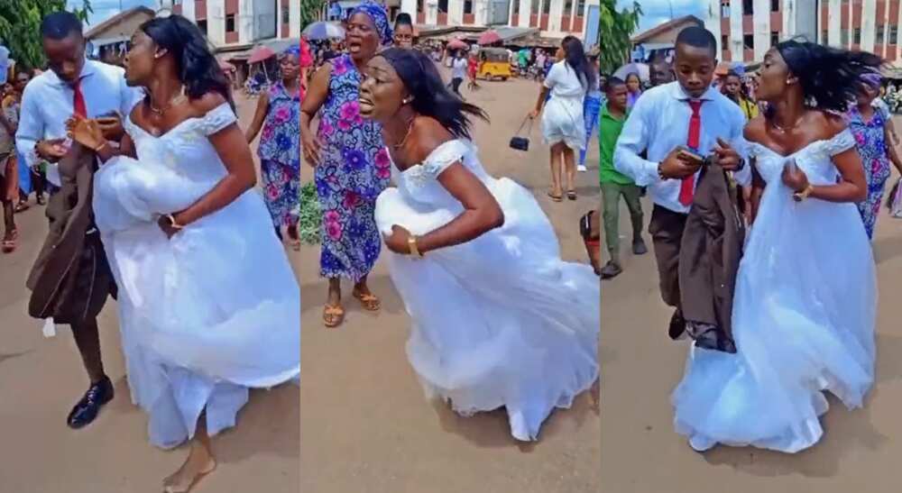 Photos of a bride running after her groom on their wedding day.