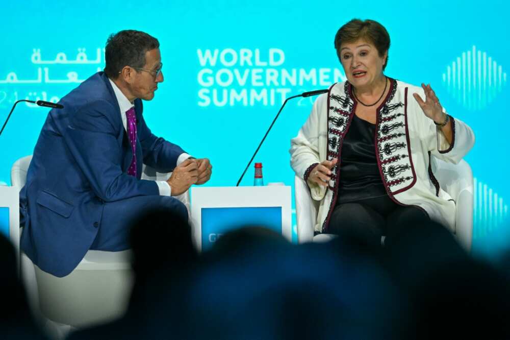 International Monetary Fund (IMF) Managing Director Kristalina Georgieva (R) speaks during the World Governments Summit in Dubai on February 12, 2024.
