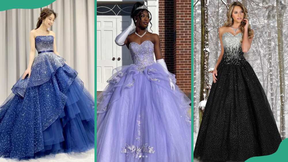 Blue ruffled ball gown (L), lilac ball gown (C), and silver and black ball gown (R)