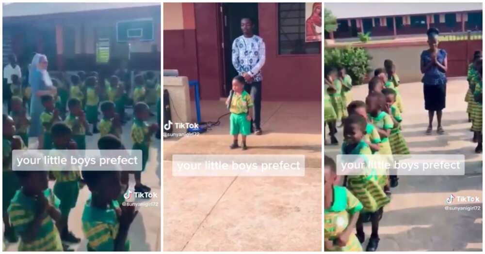 Little boy leads school assembly, little boy, school assembly, mic like a teacher