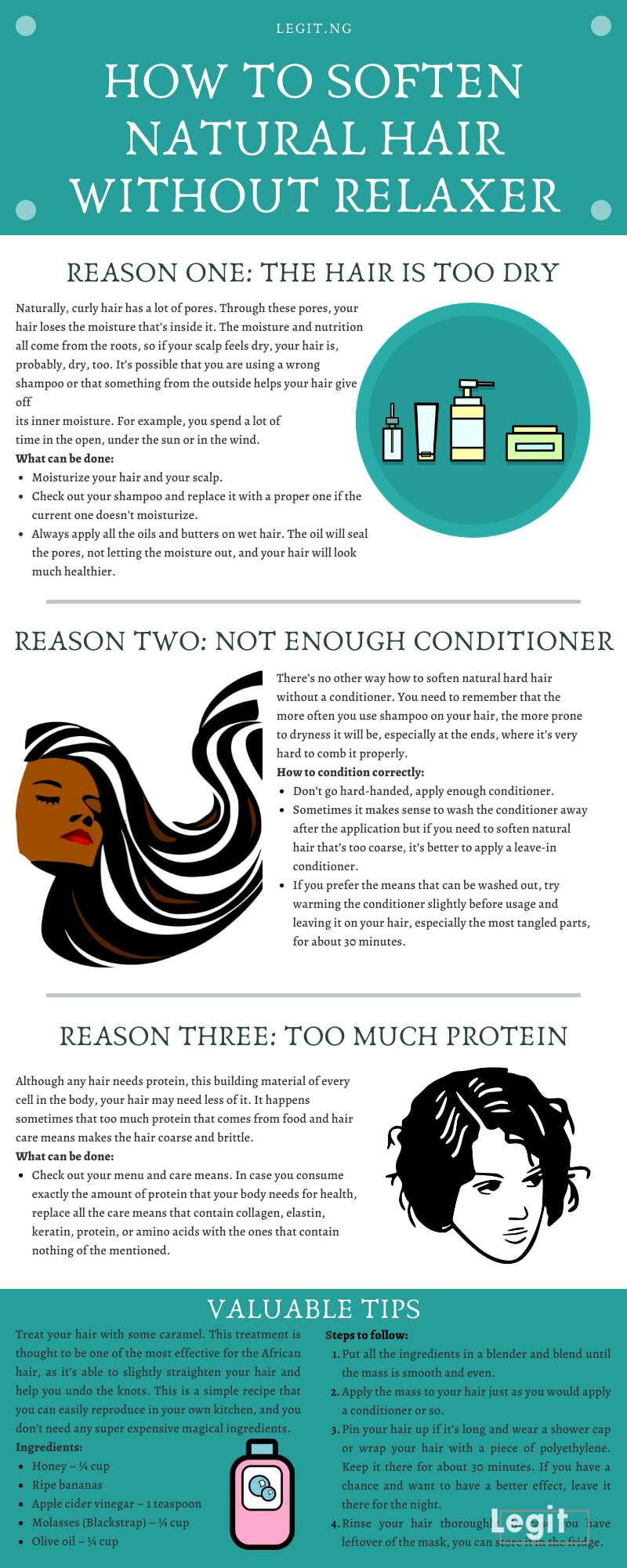 How To Soften Natural Hair Without Relaxer Valuable Tips 2020 Legit Ng Repeated heat styling your hair can be very damaging, causing dry brittle hair, split ends, and often breakage. to soften natural hair without relaxer