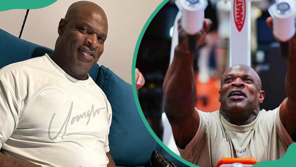 Ronnie Coleman sitting on a coach in his home (L). The former pro bodybuilder working out at a gym (R).