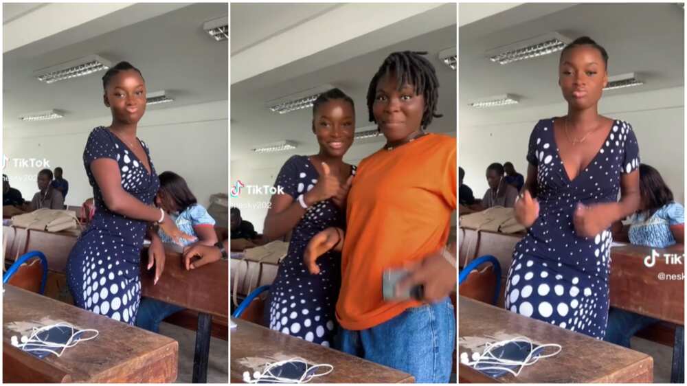 Two ladies danced in class/class mates tried not to watch.