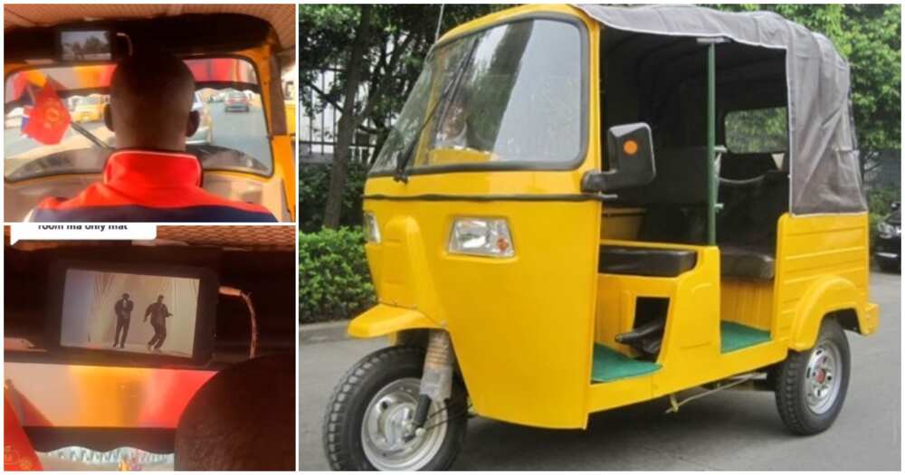 Reactions trail video of man riding Keke Napep that has small TV, rug and home theatre in it