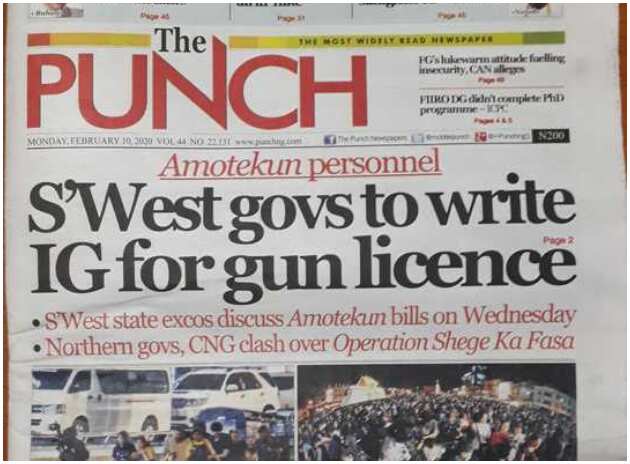 Nigerian newspapers review for February 10: Amotekun is indigenous - Miyetti Allah