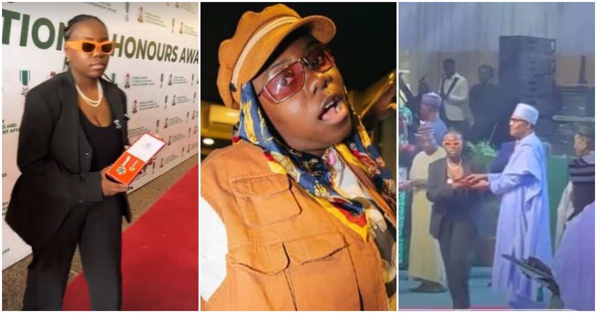 Watch as President Buhari confers Teni with MON award, her attitude stirs reactions