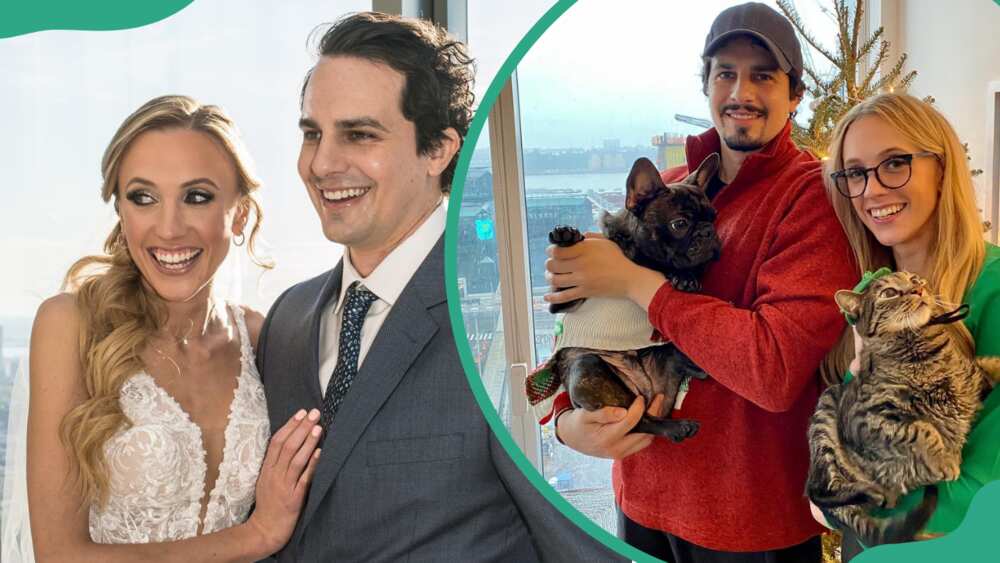 Cameron Friscia and Kat Timpf on their wedding day and with their pets