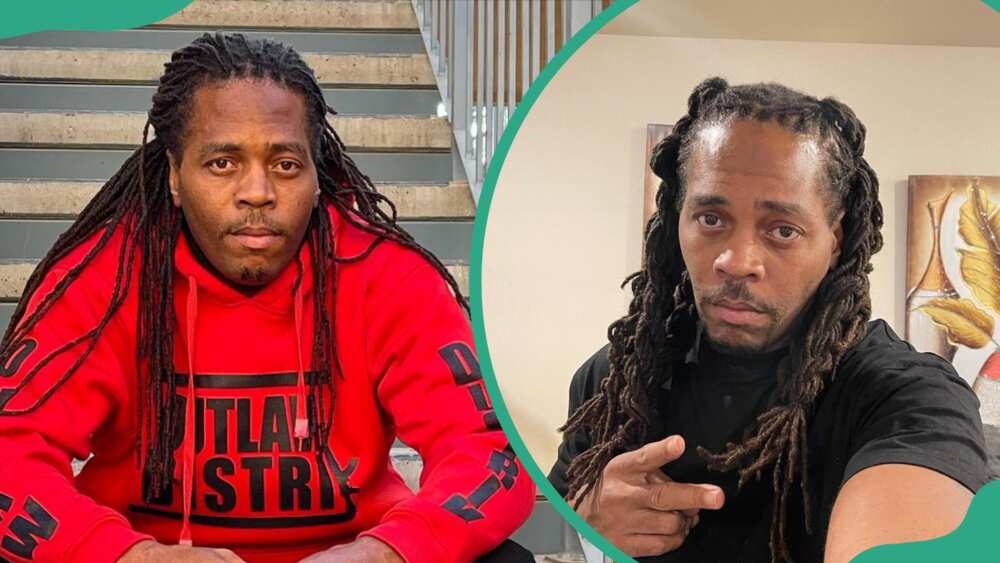 Keyshia Cole's brother, Sean Cole, sitting on the stairway (L). Sean Cole indoors (R).