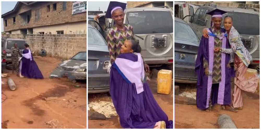 Video shows sweet moment lady ran to dad's mechanic workshop, dresses him in her graduation clothes
