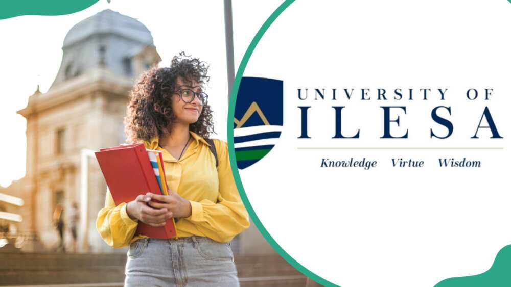 A student holding books and the University of Ilesa logo