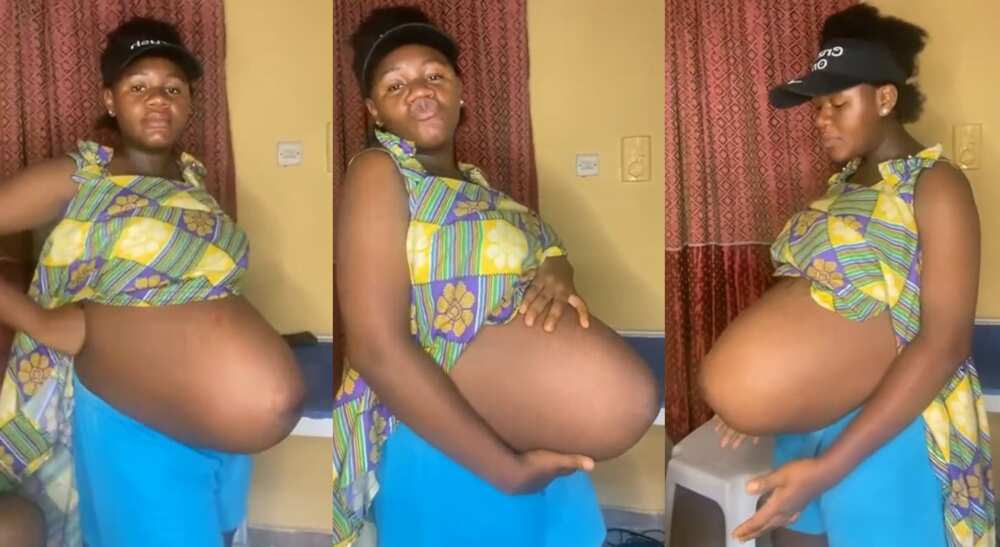 Photos of a pregnant woman with long baby bump.