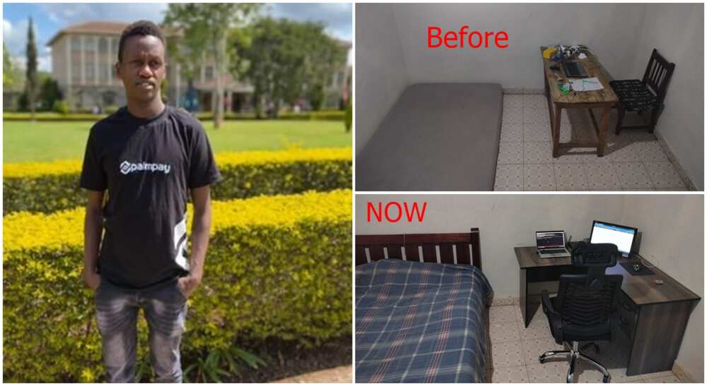 Young Man Celebrated by Kenyans After Flaunting His Bedsitter Upgrade with Before and After Snaps