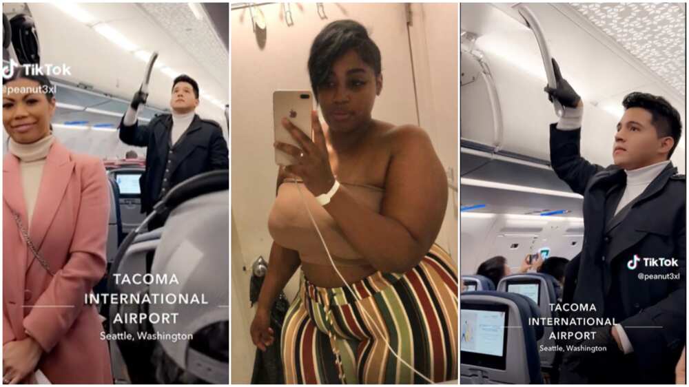 Flight attendant winked/curvy lady makes man smile.