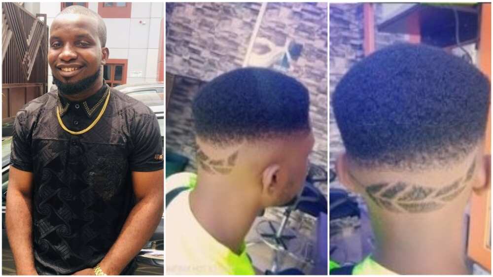 A collage showing the Nigerian barber and his model.
Photo source: Facebook/Onu Okwuchukwu Charles
