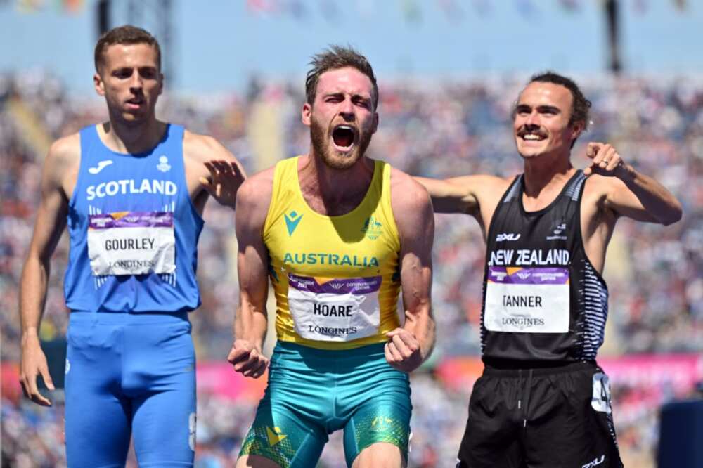 Australia's Oliver Hoare (centre) reacts after winning the men's 1500m at the 2022 Commonwealth Games