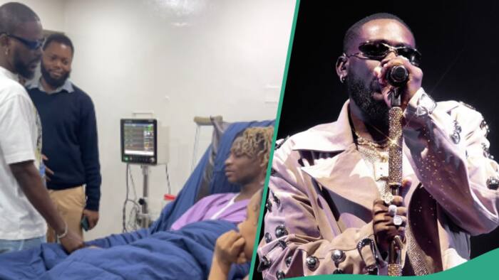 Adekunle Gold visits Khaid in hospital hours after touching down Nigeria: "Wetin happen to him?"