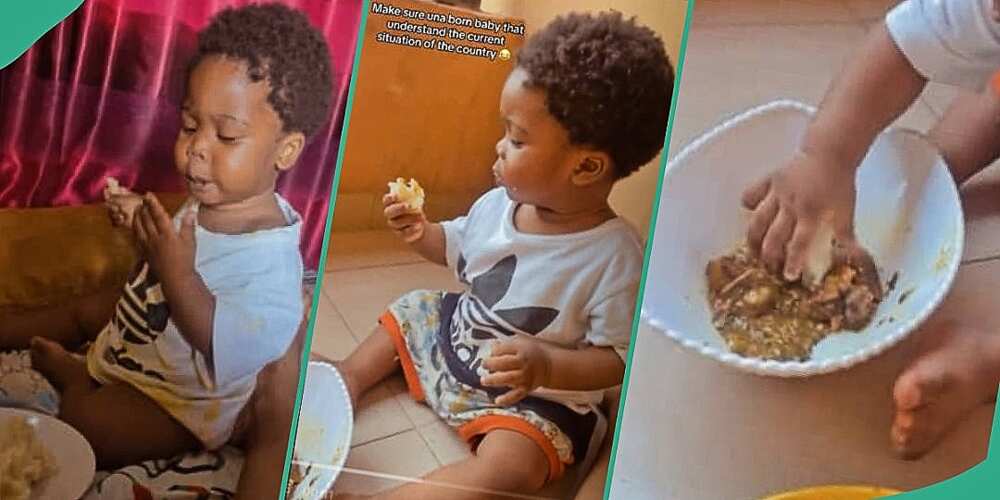 Video shows little boy eating eba and soup
