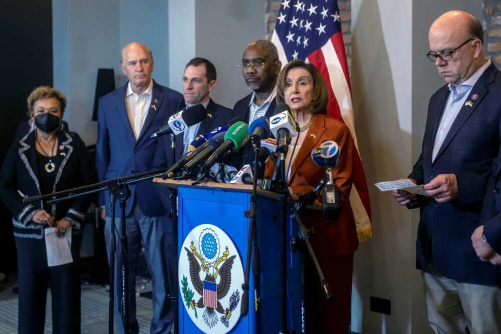 Members of a US congressional delegation led by Speaker Nancy Pelosi speak to the press in Rzeszow, Poland in May 2022 after visiting Ukraine