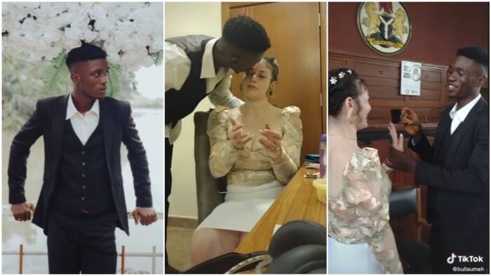 God gave me what I deserve - Nigerian man shows off his oyinbo wife in video, puts ring on her finger