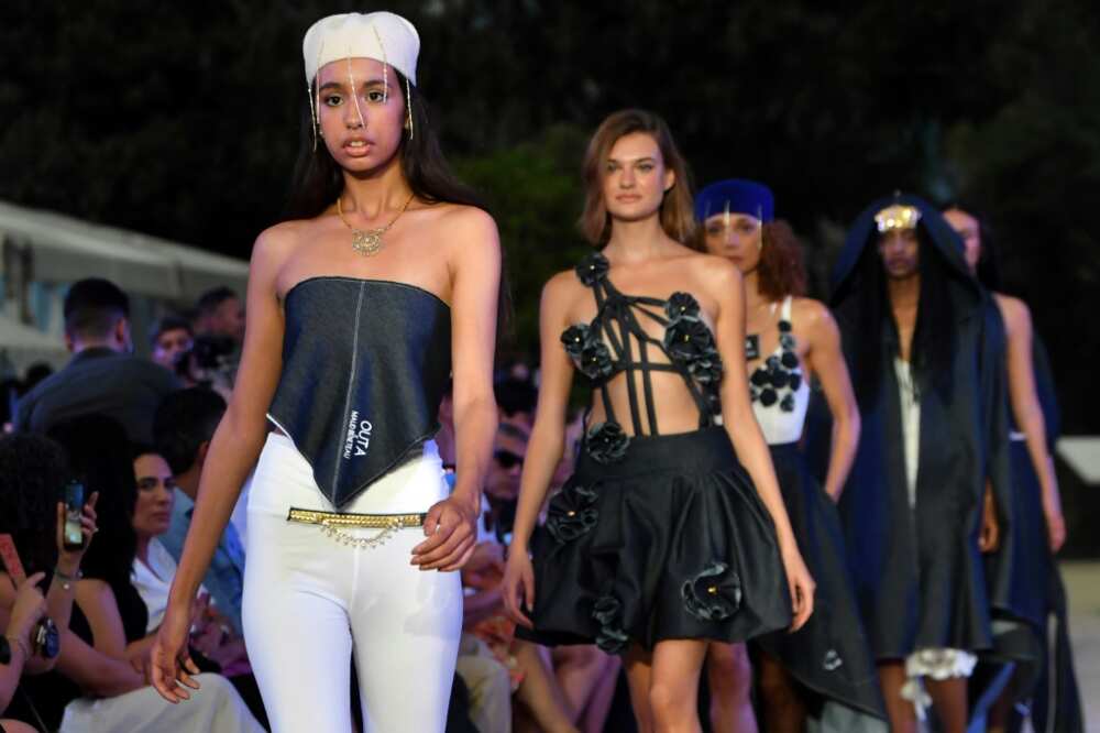 Recycled marine plastic from Tunisia's Kerkennah islands was used to make these fabrics shown off at the launch of eco-friendly haute couture line Outa last month Recycled marine plastic from Tunisia's Kerkennah islands was used to make these fabrics shown off at the launch of eco-friendly haute couture line Outa last month