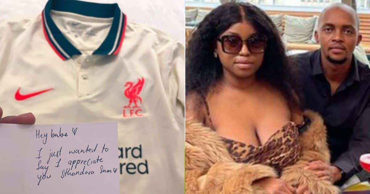 Stunning lady presents her local boyfriend awesome jersey of top EPL giants as trending photo emerges