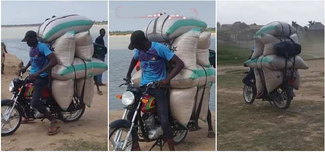 Okada man seen loading his bike with 7 bags of grain and speeding off in video